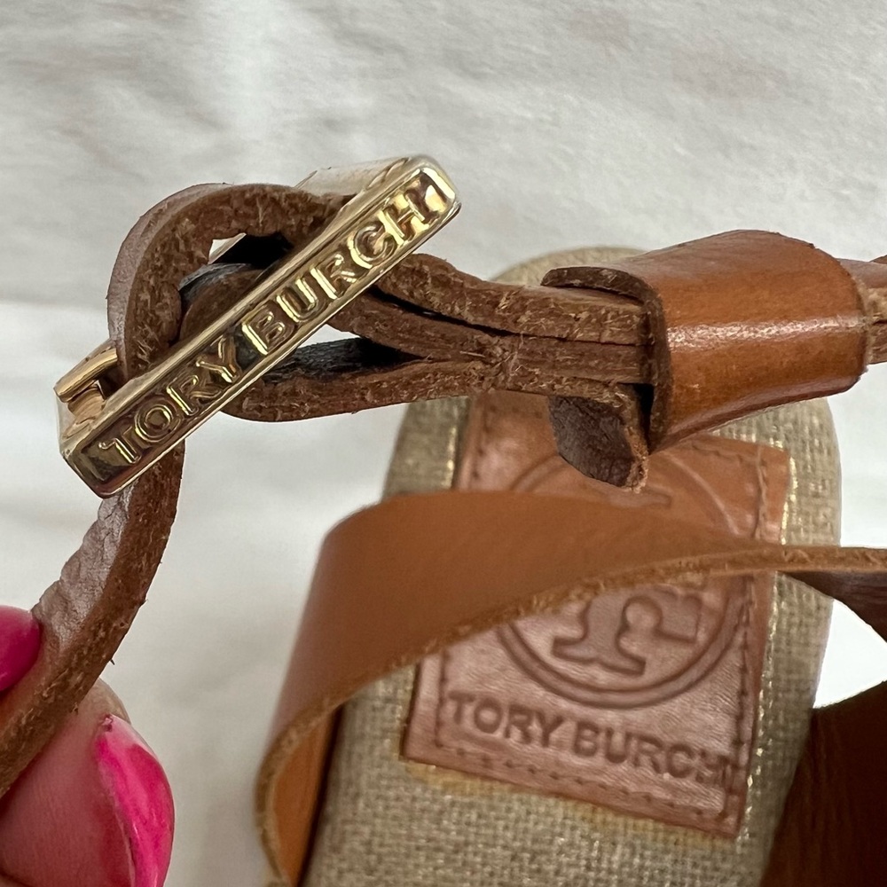 Tory Burch gold canvas wedge espadrilles with camel colored leather ankle strap - Picture 9 of 9